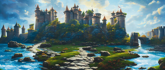 Fototapeta premium Artistic illustration of a fantasy castle on the beautiful landscape.