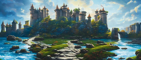 Artistic illustration of a fantasy castle on the beautiful landscape. © 4K_Heaven