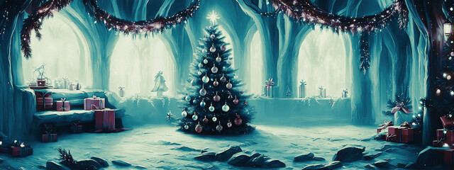 Artistic illustration of a beautiful Christmas tree in eve time.