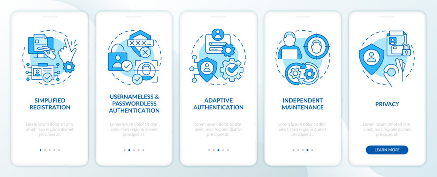 Involving CIAM advantages blue onboarding mobile app screen. Walkthrough 5 steps editable graphic instructions with linear concepts. UI, UX, GUI template. Myriad Pro-Bold, Regular fonts used