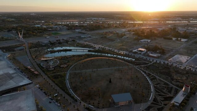 Scissortail Park in Oklahoma City at sunset. Aerial view. OKC.