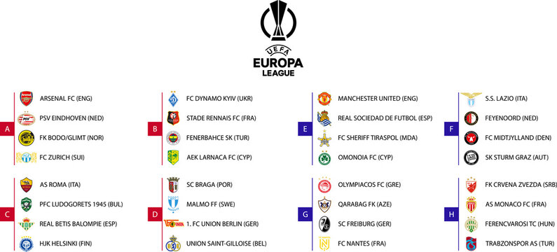 2022&ndash;2023 UEFA Europa League. Arsenal, Eindhoven, Zurich, Dynamo, Rennais, Fenerbahce, Braga, Malmo, Omonoia, Lazio, Feyenoord, Midtjylland, Sturm Graz, Nantes, Monaco, Ferencvaros, Trabzonspor etc.