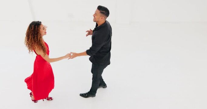 Salsa, dance and couple training in studio for contest, competition or exercise. Ballroom, teamwork and creative man and happy woman practicing dancing routine, samba or tango with energy together.