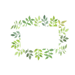Watercolor hand drawn rectangle frame with green leaves and wigs. Perfect for invitations and cards.