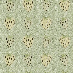 Green marl strawberry vintage seamless pattern. Cottagecore linen retro summer fruit wallpaper. Whimsical sweet healthy berry background. 