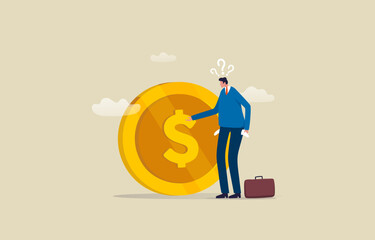 Financial questions. experiencing financial problems or investment problems. Frustrated man near huge coin thinking of financial problems. illustration