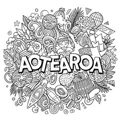 New Zealand cartoon doodle illustration. Funny Aotearoa design.