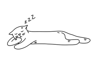 Cute Lying and Sleeping Cat in Cartoon Doodle Line Style. Domestic Cute Animal Pet Graphic Sketch. Vector Hand Drawn Illustration, Icon, Print, Logo Isolated on a white background.