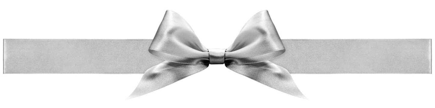 silver bright ribbon bow tape isolated on transparent background, top view, copy space for gift greeting card, Merry Christmas and mother or father day banner or promotion shopping advertising