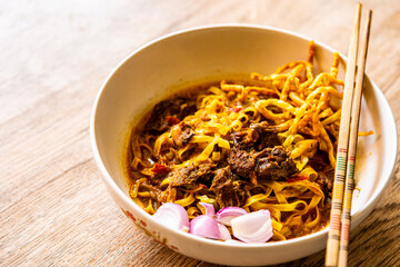 Northern Thai Curry Noodles with Beef or  Khao Soi, Thai famous food.