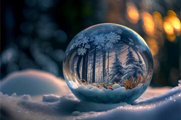 Beautiful fantasy christmas glass ball with spruce trees on snow. Created with generative AI technology