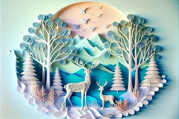 Fototapeten Beautiful paper art with spruce, snow, deer. Paper cut art with pastel color. Created with generative AI technology © ardanz