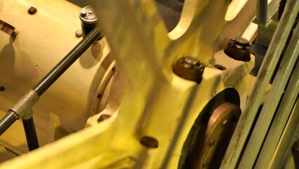 Closeup clip of giant industrial cable pulleys. High quality 4k footage showing vintage working cable car propulsion system