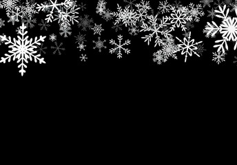 Christmas background with falling snowflakes. Winter holiday background or frame with pattern of layered snow.