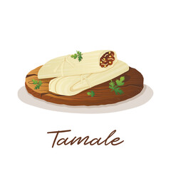 Mexican dish tamale minced meat wrapped in a corn leaf with parsley on a wooden tray. Fast food restaurant and street food snacks, meat tortillas, takeaway food delivery