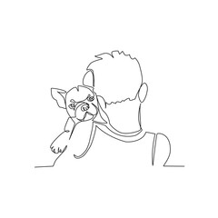 Vector illustration of a boy hugging a dog drawn in line art style