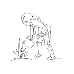 Vector illustration of a girl watering a plant drawn in line art style
