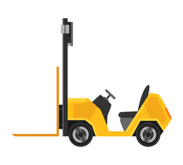 Forklift warehouse or storage equipment. Yellow machine without driver isolated on white background. Delivery, shipment or logistic cargo. Electric uploader. Supply storage service