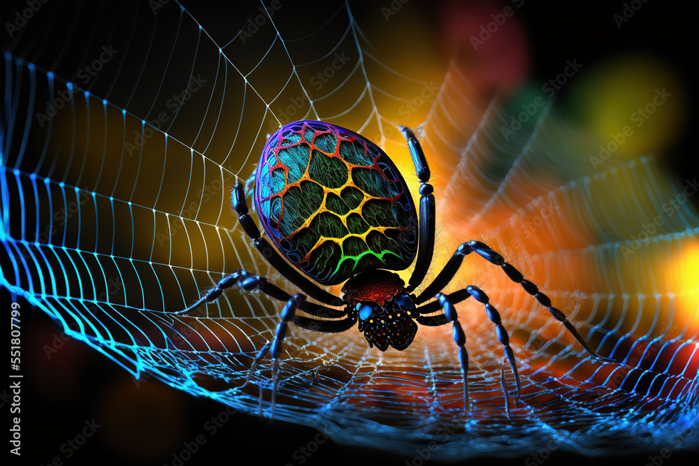 Canvas Prints spider in the center of its web on a colorful blurred background. digital artwork