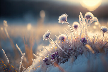 Beautiful gentle winter landscape, frozen grass on snowy natural background.  Winter background with flowers covered snow crystals glittering in sunlight. Defocused winter landscape. Digital art - obrazy, fototapety, plakaty