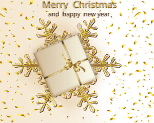New Year and Christmas card with snowflake, gift box and gold confetti.
