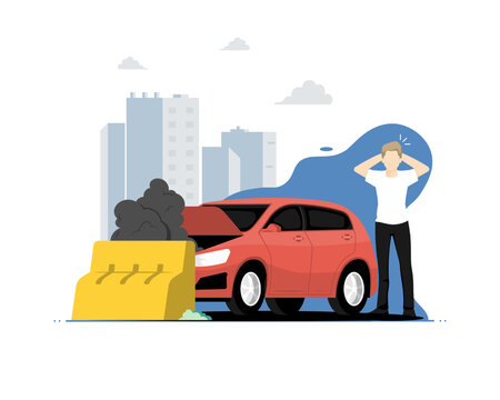 Personal car accident concept, Human sad standing with barrier car crash, Digital marketing illustration.