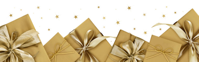 golden gift boxes with bright golden ribbon bow isolated on transparent background with golden stars, gift greeting card top view or label for christmas or mother and father day, template for banner
