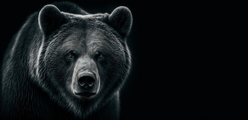 Front view of brown bear isolated on black background. Black and white portrait of Kamchatka bear. Predator series. digital art