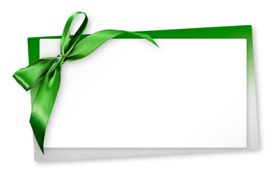 White Blank gift greeting card ticket with bright green ribbon bow, isolated on background, template top view with copy space for merry Christmas and St. Patrick day banner or shopping price label