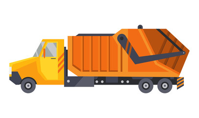 Garbage truck with auto loader. Collection and transportation of solid household and commercial waste. Garbage removal, urban sanitary vehicle. Garbage Ecology and recycle concept