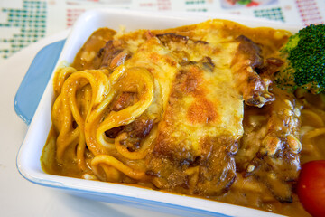 Delicious cheese steak baked pasta in a Hong Kong-style tea restaurant
