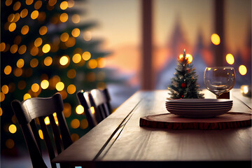 Wooden table in front of christmas tree with blurred bokeh background. Created with generative AI technology