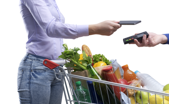 PNG file no background Woman paying for groceries using her smartphone