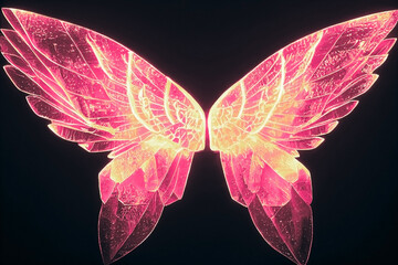 Flaming pink, purple and orange lowing angel or demon wings. Butterfly. Dark background. 3D digital illustration render. Grain texture with dust scratches. Focal Blur. wing set 4