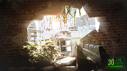 First-person shooter war game screenshot concept - man running with an AK-47 rifle inside the smashed city building by war - 3d illustration © guteksk7