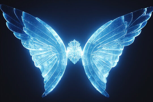 Blue glassy ice wings. Diamond feathers. Cold glowing blue angelical wing set against a black background. 3D digital illustration render. Grain texture with dust scratches. blue wings set 3