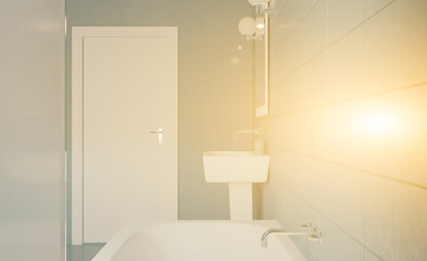 Spacious bathroom in gray tones with heated floors, freestanding tub. 3D rendering.. Sunset.