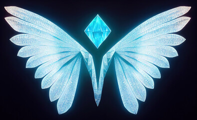 Blue glassy ice wings. Diamond feathers. Cold glowing blue angelical wing set against a black background. 3D digital illustration render. Grain texture with dust scratches. blue wings set 1