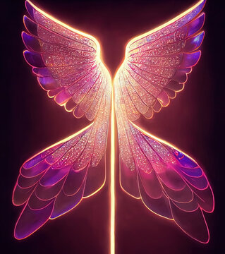 Flaming pink, purple and orange lowing angel or demon wings. Butterfly. Dark background. 3D digital illustration render. Grain texture with dust scratches. Focal Blur. wing set 3