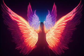 Magical glowing angel fairy wings and feathers. Purple, pink and warm tones glow. Dark background. 3D digital illustration render. Grain texture with dust scratches. Focal Blur. Set 1