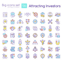 Attracting investors RGB color icons set. Involve funding. Develop startup. Isolated vector illustrations. Simple filled line drawings collection. Editable stroke. Quicksand-Light font used