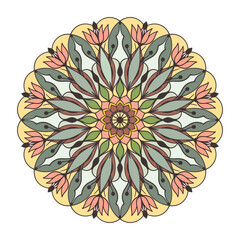 Colorful vector mandala. Blooming flower round ornamental flower in ethnic tribal ethnic style. Circle pattern surface background. Petal flower abstract illustration. Kaleidoscope round ornament. 