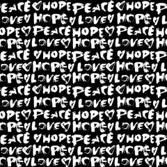 Peace, Hope, Love with Heart Dry Brush Modern Lettering Seamless Pattern
