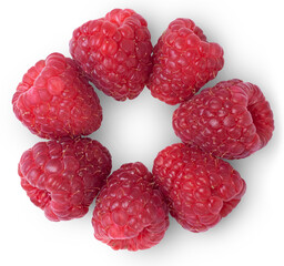 Fresh raw raspberries circle isolated on white.