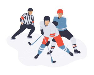 Plakat Vector illustration of hockey players and referee characters. Flat colorful cartoon artwork. Winter team sport on ice. Adult male player with stick and helmet. Cold season activity
