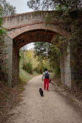 Senderista paseando con el perro por la ruta de la montaña pasando por debajo del puente con su...