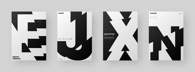 Abstract Poster Design Set. Vertical A4 format. Modernism brochure kit. Refraction and Distortion Glass Effect. Chopped, cut, glitch, broken letter composition.