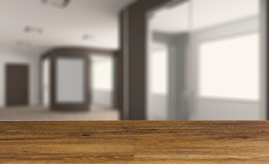 Modern meeting room. 3D rendering.. Mockup.   Empty paintings. Background with empty wooden table. Flooring.
