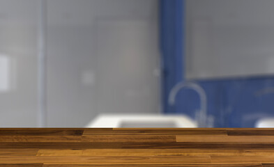 Spacious bathroom in gray tones with heated floors, freestanding. Background with empty wooden table. Flooring.