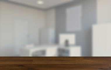 Furniture set with table, chairs and devices. 3D rendering.. Moc. Background with empty wooden table. Flooring.